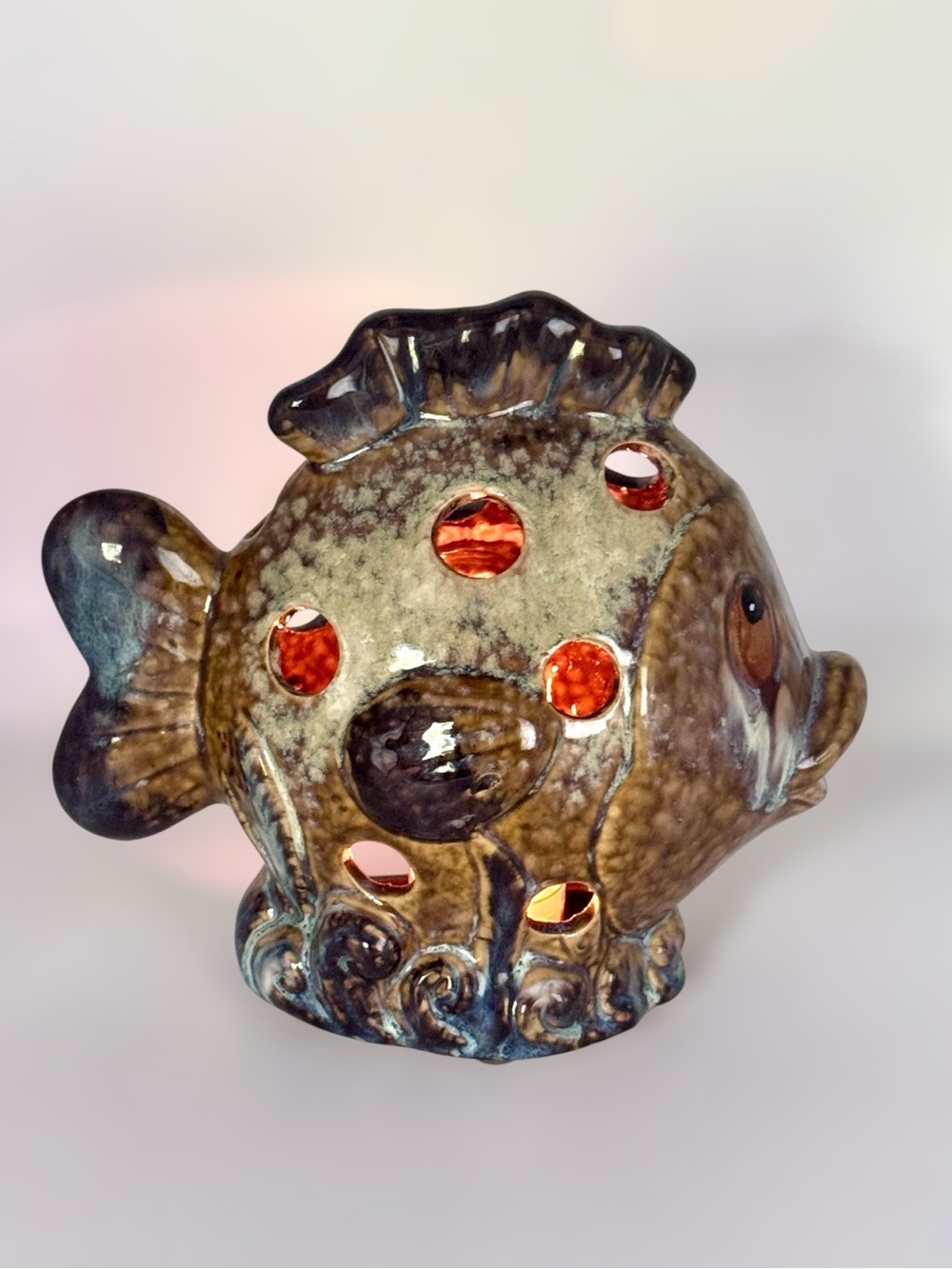 Ceramic Fish Luminary Candle Holder Art Pottery Drip Glazed Tea Light Coastal 8”
